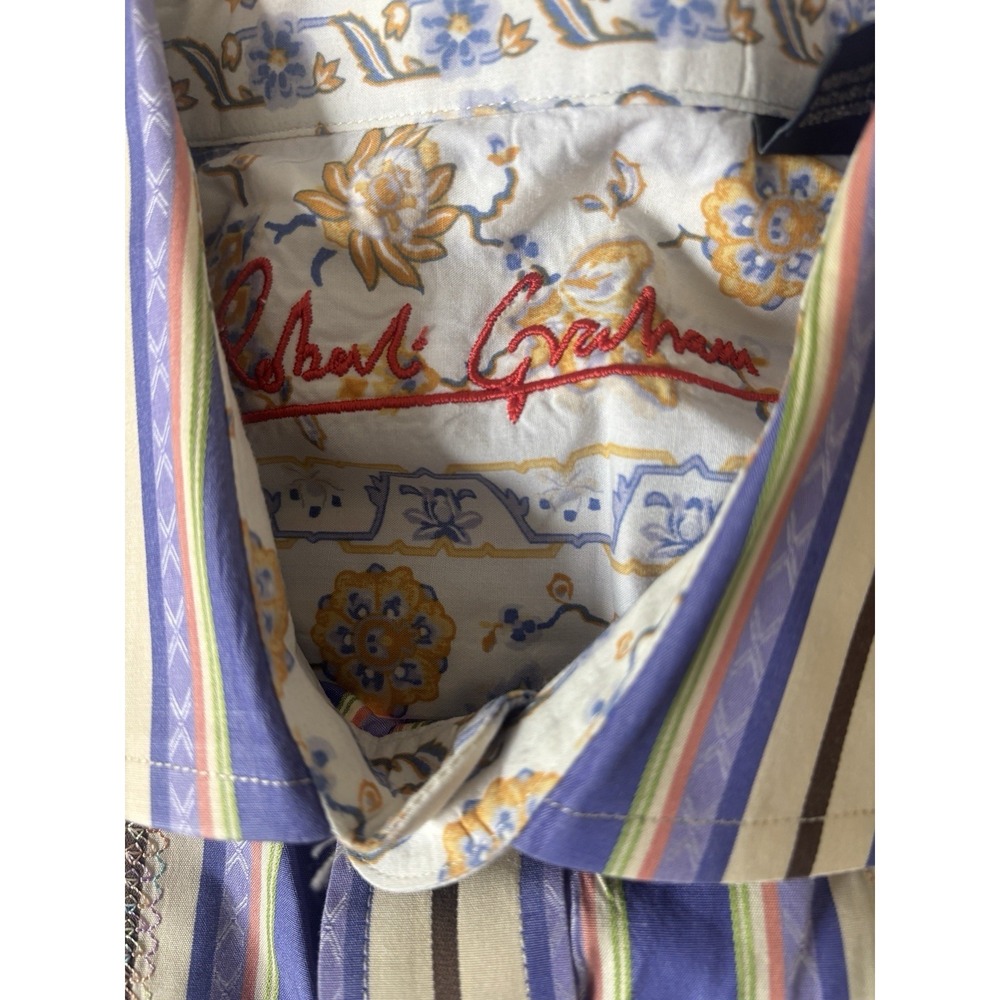 Robert Graham Geometric Shirt Men's M Striped Flip Cuffs Embroidered - Picture 2 of 10